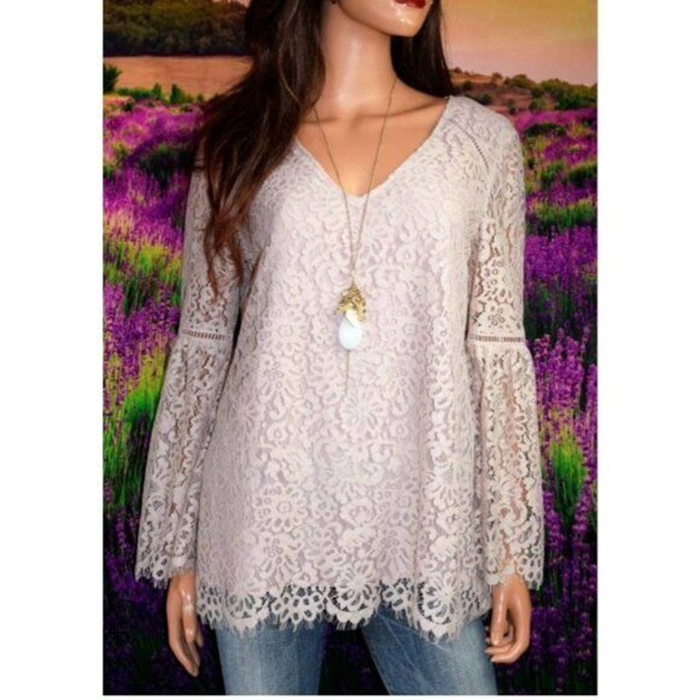 Sundance V-neck Bell Sleeve Charmant Lace Blouse Pink Women's Size Large H14078 - Picture 10 of 10